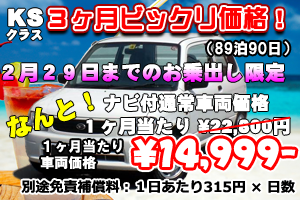 KSクラス 3ヶ月ビックリ価格!キャンペーン ナビ付(90日)